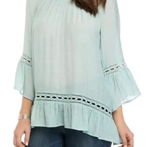 Women’s 3/4 Sleeve Crochet Hem Linen Slub Top
